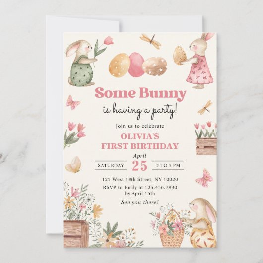 いくつかのバニーイースターエッグガールファースト誕生日 招待状 (正面)