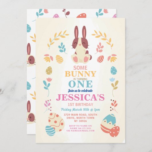 いくつかのバニーイースター1stパーティー誕生日ピンク招待状 招待状 (正面/裏面)