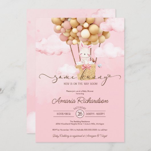 いくつかのバニーエアバルーンピンク春ベビーシャワー 招待状 (正面/裏面)