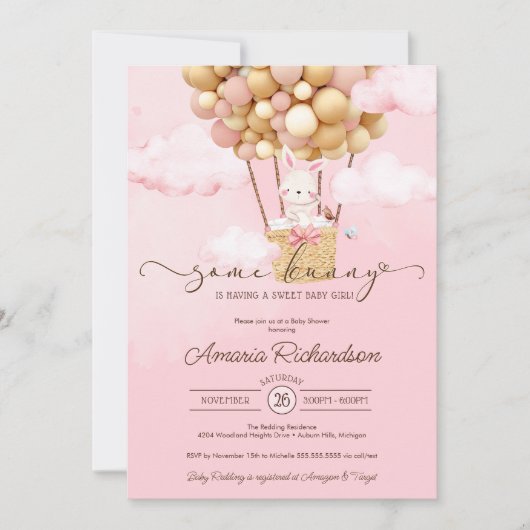 いくつかのバニーエアバルーンピンク雲の女の子赤ちゃんシャワー 招待状 (正面)