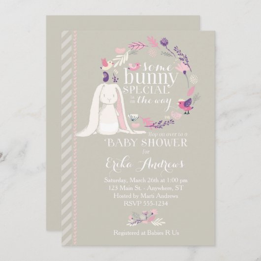 いくつかのバニースペシャルベビーシャワー招待状（灰色） 招待状 (正面/裏面)