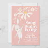 いくつかのバニーデイジーピンクガールの最初の誕生日パーティー 招待状 (正面)