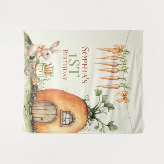 いくつかのバニーニンジン1st誕生日の水色 タペストリー (正面(横))