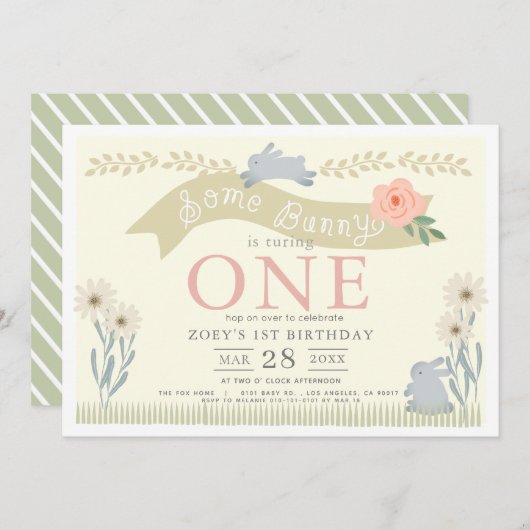 いくつかのバニーパステルイエロー1st誕生日 招待状 (正面/裏面)