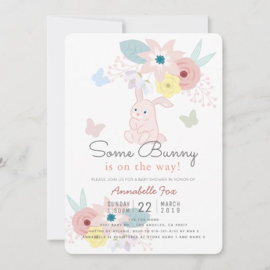 いくつかのバニーピンクのフローラ蝶の赤ちゃんシャワー 招待状 (正面)