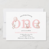 いくつかのバニーピンクの赤ちゃん女の子1イースター1日の誕生日 招待状 (正面)