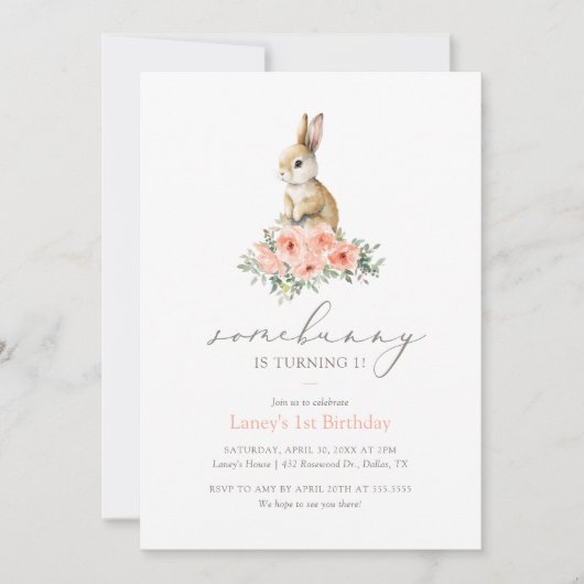 いくつかのバニーピンクフローラガールバースデーパーティー 招待状 (正面)