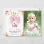 いくつかのバニーピンクフローラ金ゴールドグリッター誕生日写真 招待状 (正面)