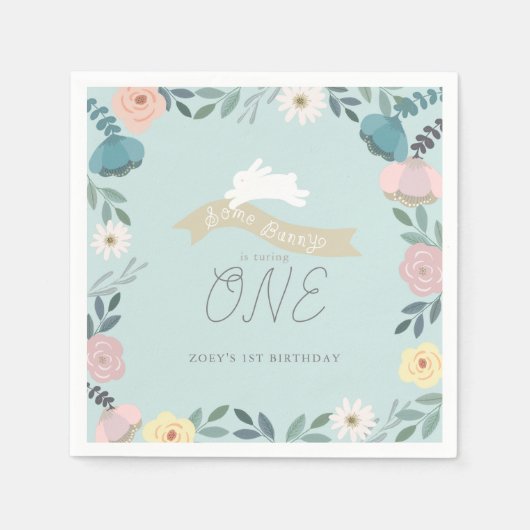 いくつかのバニーフローラガーデン1stバースデーブルー スタンダードカクテルナプキン (正面)