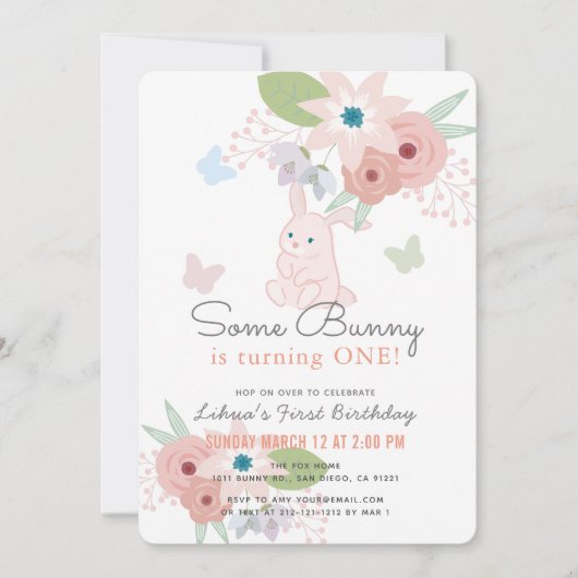 いくつかのバニーフローラバタフライピンク1日の誕生日 招待状 (正面)