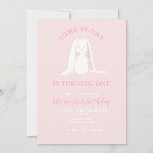 いくつかのバニーワンピンクファースト誕生日招待状 招待状 (正面)