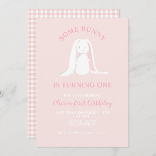 いくつかのバニーワンピンクファースト誕生日招待状 招待状 (正面/裏面)