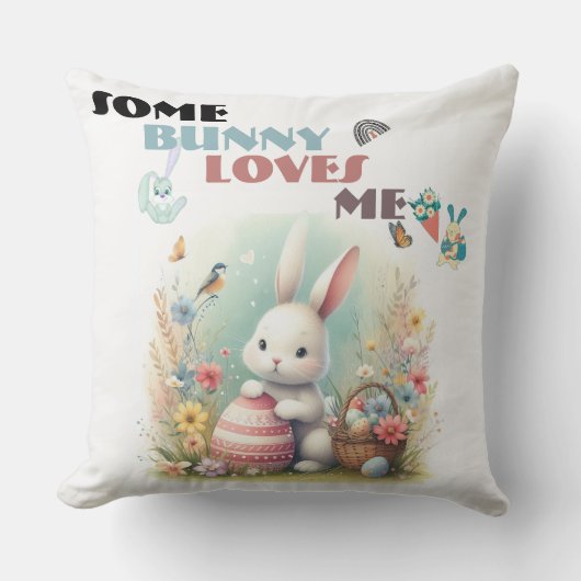 いくつかのバニー私を愛するフローライースターエッグバスケットかわいい クッション (正面)