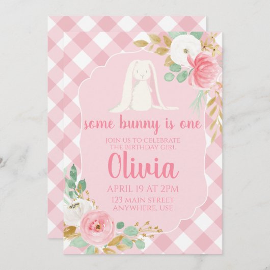 いくつかのバニー誕生日招待状フローラとピンク 招待状 (正面/裏面)