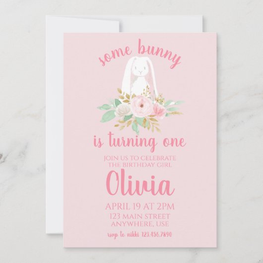 いくつかのバニー誕生日招待状フローラとピンク 招待状 (正面)