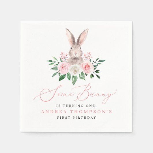 いくつかのバニー赤面ピンクフローラガールズファースト誕生日 スタンダードカクテルナプキン (正面)