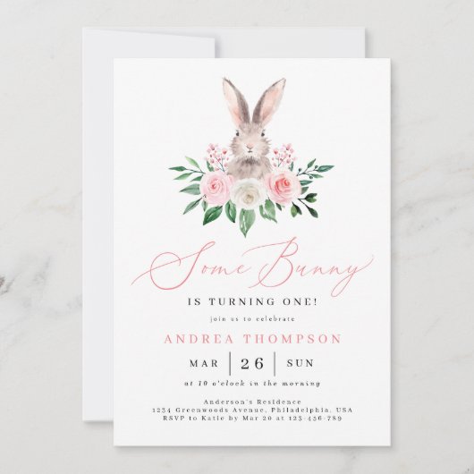 いくつかのバニー赤面ピンクフローラガールズファースト誕生日 招待状 (正面)