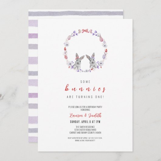 いくつかのバンニーが1を回している、春誕生日 招待状 (正面/裏面)