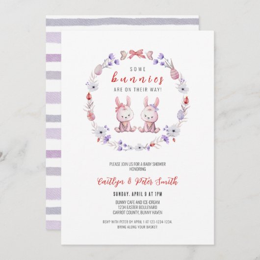 いくつかのバンニーは、双子の赤ちゃんシャワーが彼らの道にある 招待状 (正面/裏面)