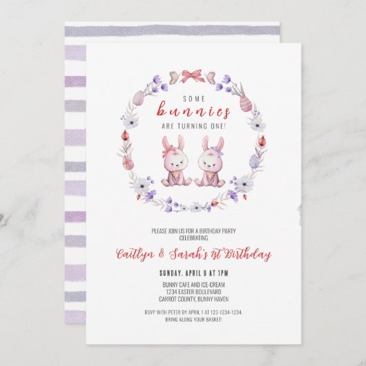 いくつかのブンニーが1回、双子1歳の誕生日を回っている 招待状 (正面/裏面)