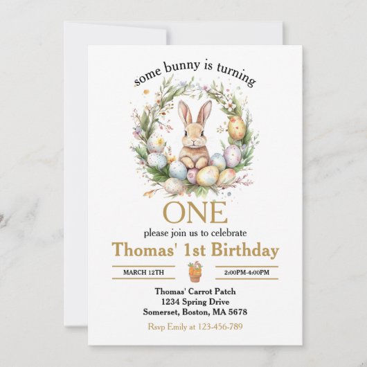 いくつかの復活祭バニーが1日の誕生日を回している 招待状 (正面)