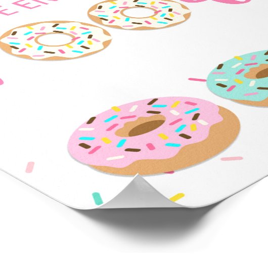 いくつかの楽しむ食べ物ピンクドーナツ振り分けテーブルサイン ポスター (角)