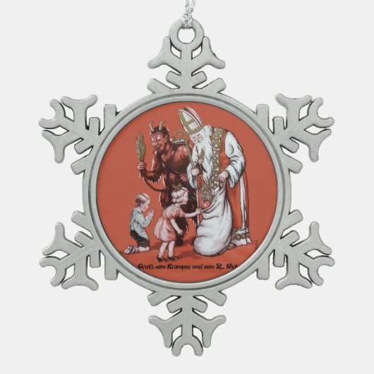 いけないですかニースKrampus及びサンタのクリスマスのオーナメント スノーフレークピューターオーナメント (正面)