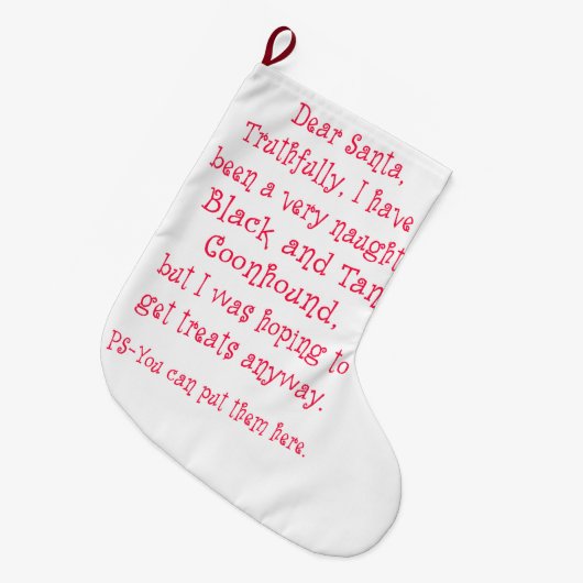 いけない黒およびタンのCoonhound ラージクリスマスストッキング (正面 (吊り時))