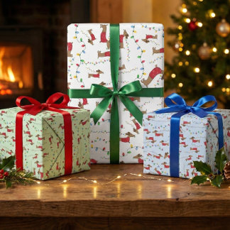 いけなウィンナー犬がクリスマスツリーのライトを盗む ラッピングペーパーシート