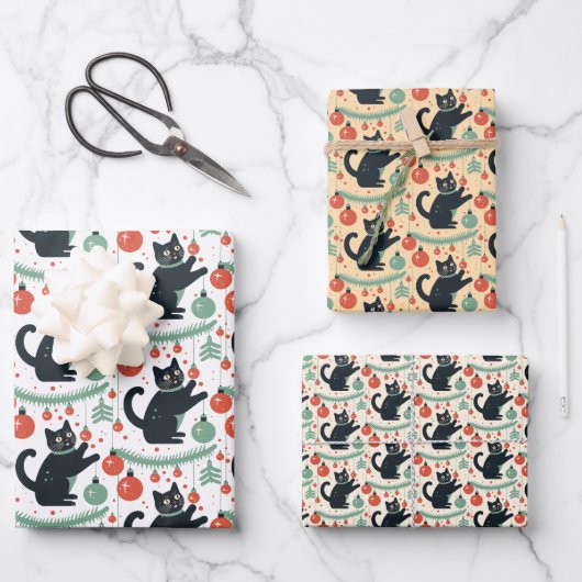 いけなオーナメント付きクリスマス猫 ラッピングペーパーシート (正面)