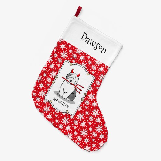 いけなDevil Old English Sheepdog (Gray 1) ラージクリスマスストッキング (正面 (吊り時))