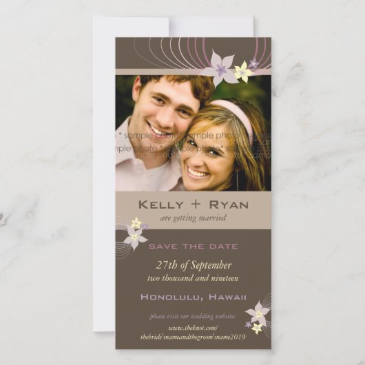 いけばなフランギパニパープルトロピカルフラワー結婚ズ セーブザデート (正面)