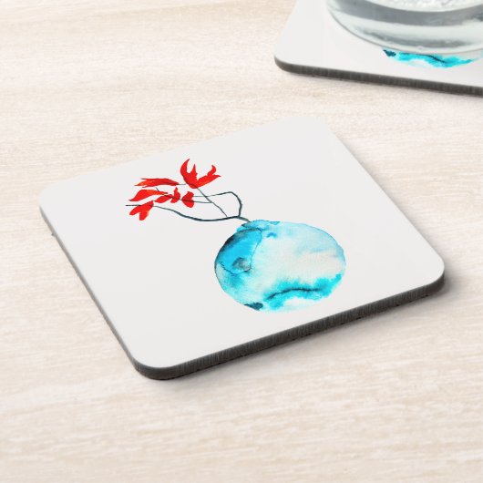 いけばな青い花瓶の水彩画 コースター (左側)