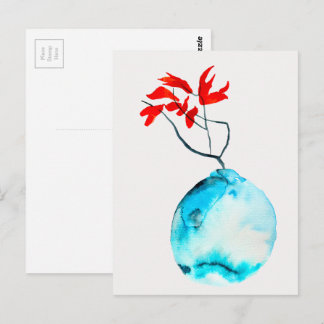 いけばな青い花瓶の水彩画 ポストカード