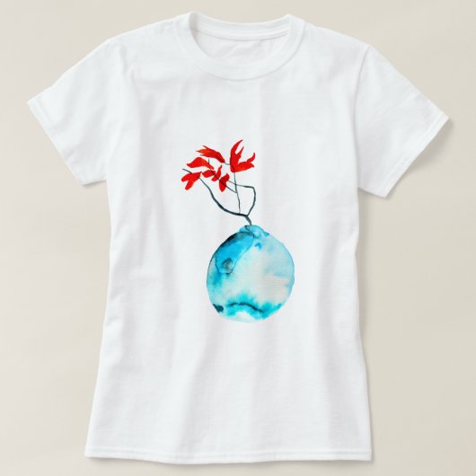 いけばな青い花瓶の水彩画 Tシャツ (デザイン正面)