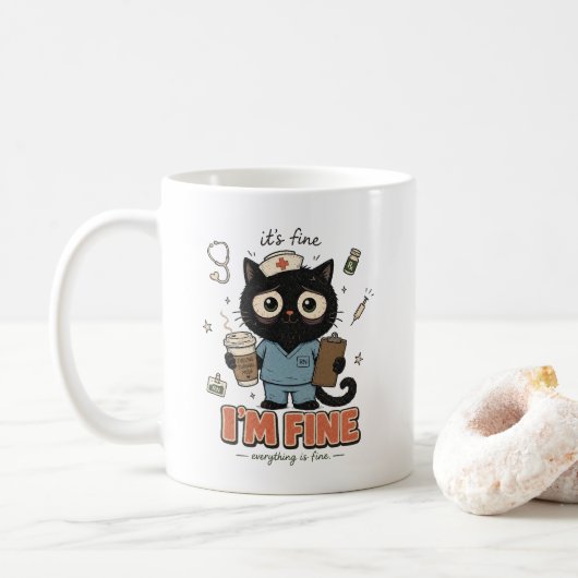 いたずらっこい黒猫看護師のサバイバルモード コーヒーマグカップ (ドーナツ)