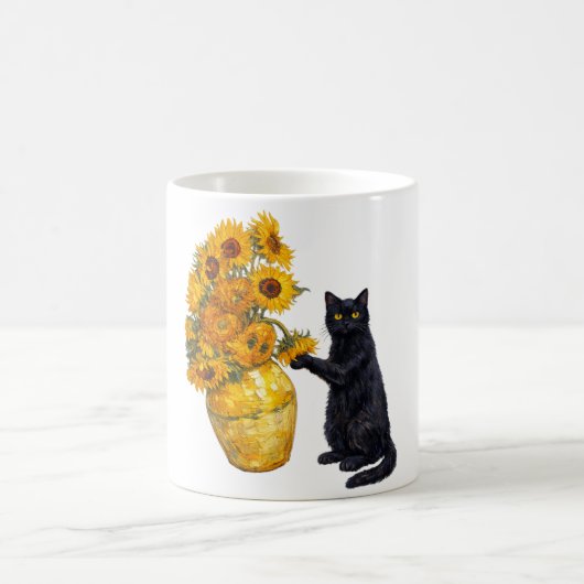 いたずらな黒猫のひまわりアート – ヴァン・ゴッホ コーヒーマグカップ (中央)