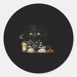 いたずらな黒猫のコーヒー好きのキュートな朝の面白いデザイン ラウンドシール