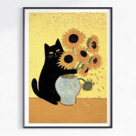 いたずらな黒猫ひまわり絵画スタイル ポスター