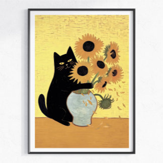 いたずらな黒猫ひまわり絵画スタイル ポスター
