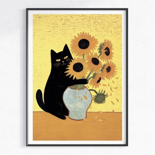 いたずらな黒猫ひまわり絵画スタイル ポスター