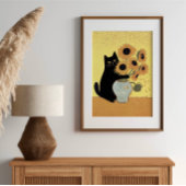 いたずらな黒猫ひまわり絵画スタイル ポスター