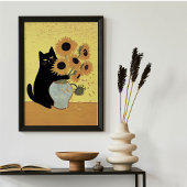いたずらな黒猫ひまわり絵画スタイル ポスター