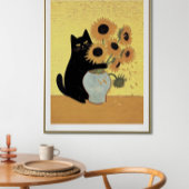 いたずらな黒猫ひまわり絵画スタイル ポスター