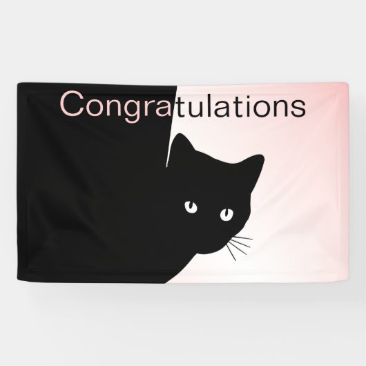 いたずらな黒猫 おめでとう ピンクのバナー 横断幕 (横)