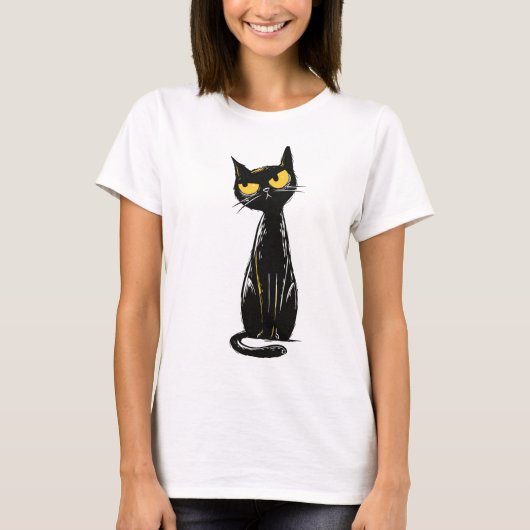 いたずらな黒猫 - 怒った黄色い目のイラスト Tシャツ (正面)