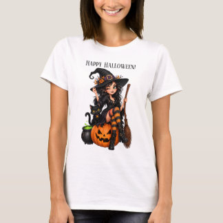 いたずらハロウィン魔女 楽しい黒猫 Tシャツ