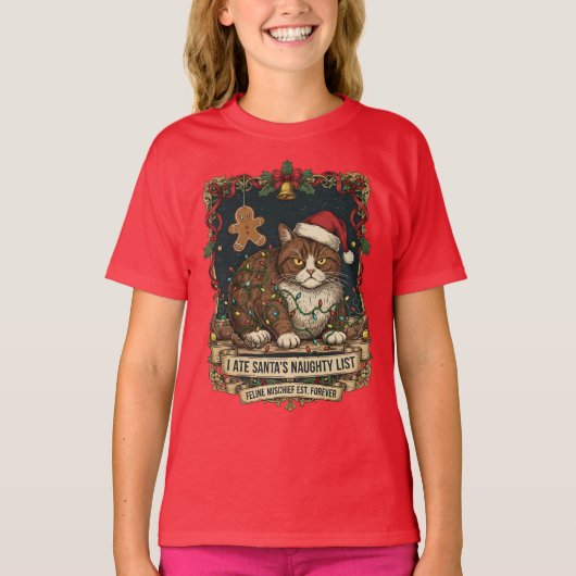 いたずらリストのネコ クリスマスのユーモア Tシャツ (正面)
