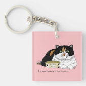 いたずら三毛猫にエサをあげて ピンク キーホルダー (正面)