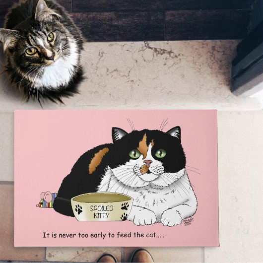 いたずら三毛猫にエサをあげて ピンク ドアマット